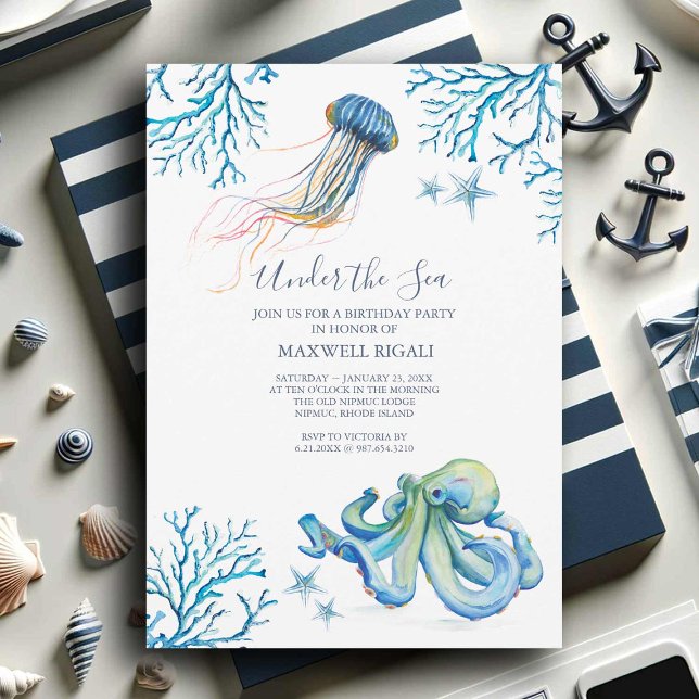 Convite de aniversário De Aquarelas Sob O Mar (Under the sea birthday party invitations with watercolor ocean creatures art by Victoria Grigaliunas)