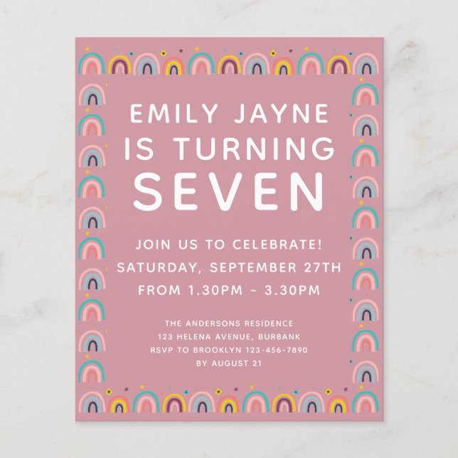 CONVITE DE ANIVERSÁRIO de arco-íris cor-de-rosa BU (Frente)