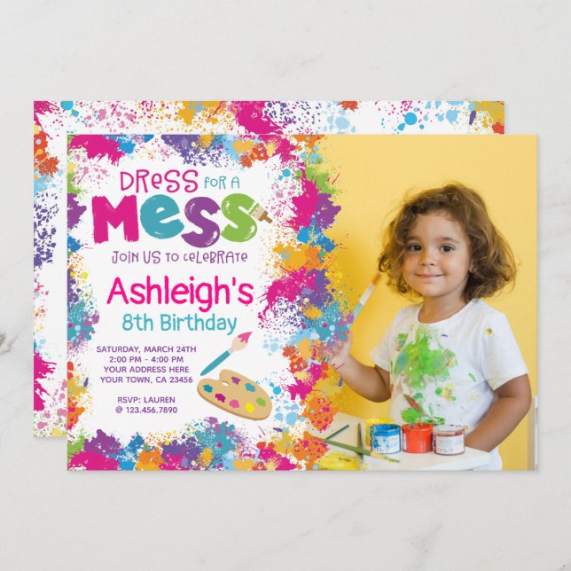 Convite de aniversário de arte com foto (Frente/Verso)