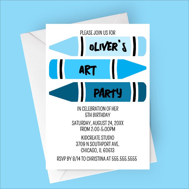 Convite de aniversário de Arte do Blue Ombre Crayo (Blue Ombre Crayons Art Party Birthday Invitation)