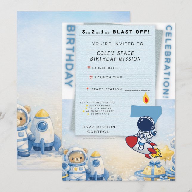 Convite de Aniversário de Astronauta – Decolagem p (Frente/Verso)