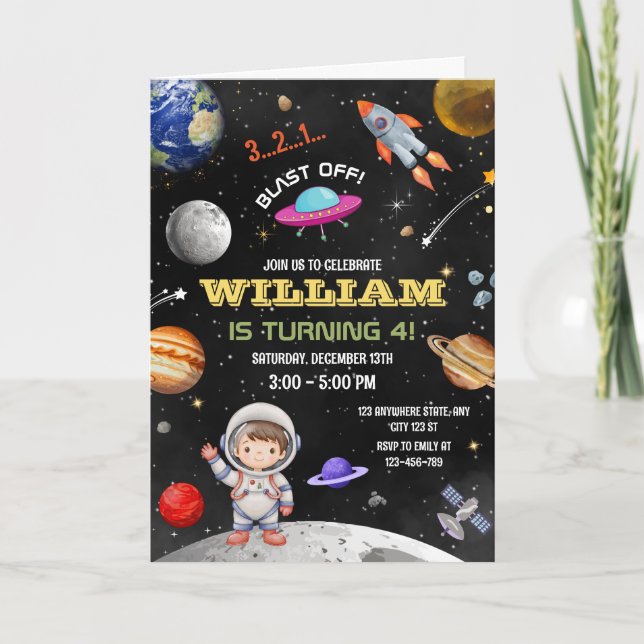 Convite de Aniversário de Astronauta Galáxia Espaç (Frente)