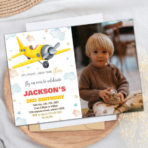 Convite de aniversário de avião Amarelo com foto