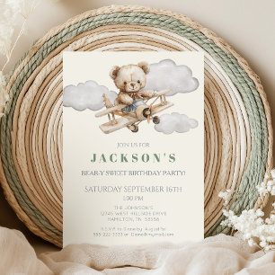 Convite de aniversário de avião Boho Teddy Bear