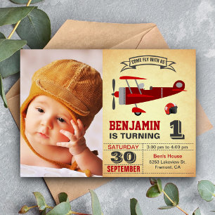 Convite de Aniversário de Avião Retrô Vermelho Vin