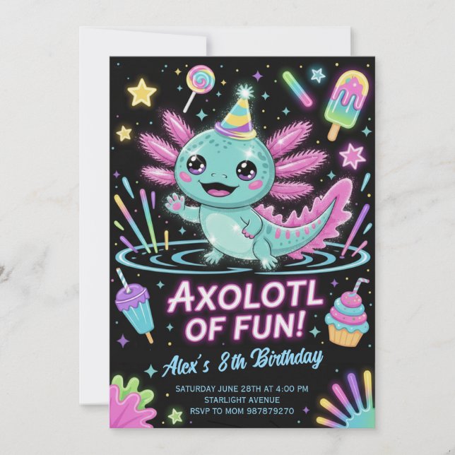 Convite de Aniversário de Axolote Adorável (Frente)