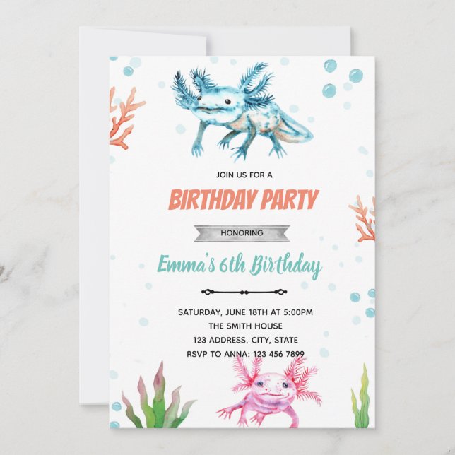 Convite de aniversário de axolote fofo (Frente)
