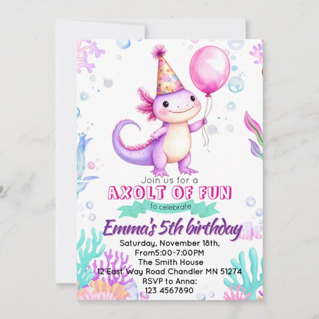 Convite de Aniversário de Axolote Rosa Fofo (Frente)