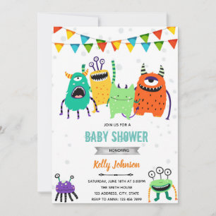 Convite de aniversário de baby shower de monstro