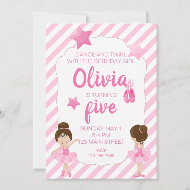 Convite de aniversário de bailarina com listras ro (Frente)