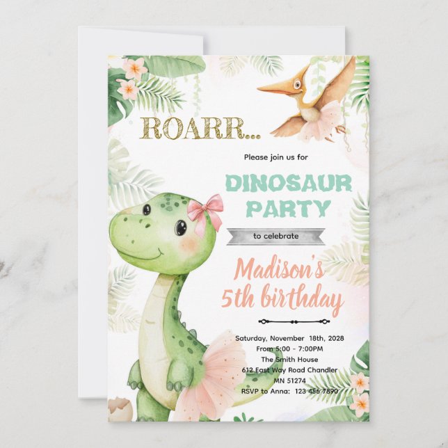 convite de aniversário de bailarina dinossauro (Frente)