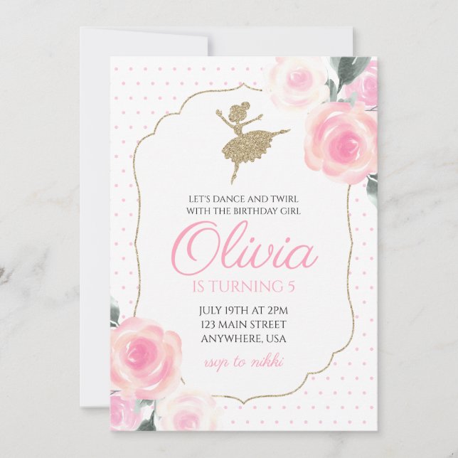 Convite de Aniversário de Bailarina Floral (Frente)