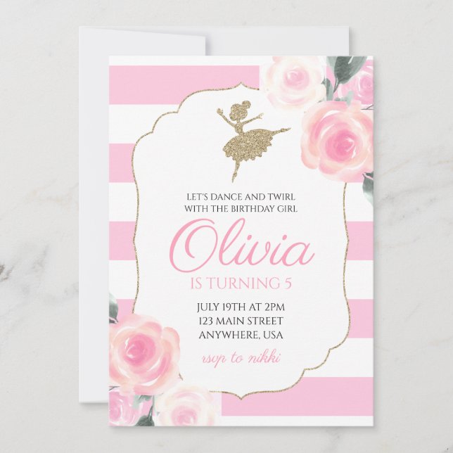 Convite de Aniversário de Bailarina Floral (Frente)