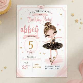 Convite de Aniversário de Bailarina Rosa | Preto D