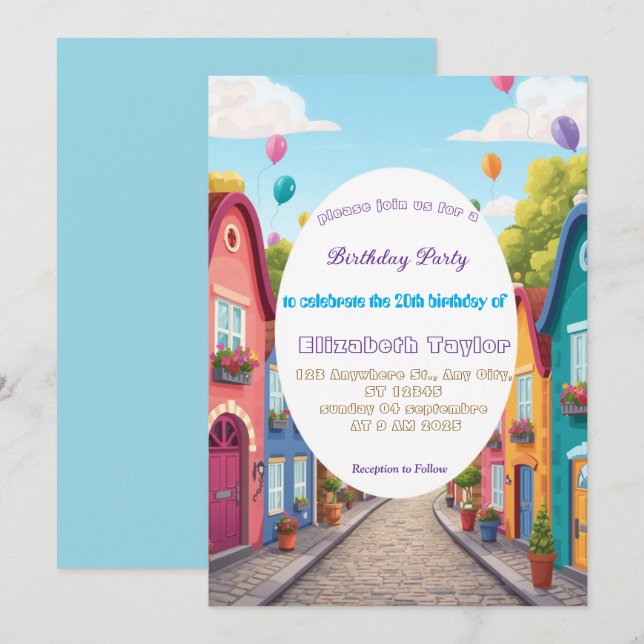 Convite de Aniversário de Bairro Colorido   (Frente/Verso)
