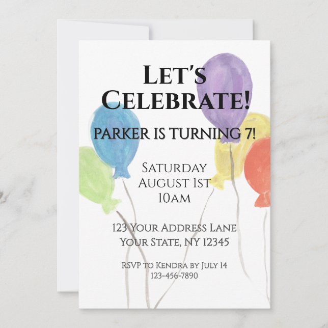 Convite de Aniversário de Balão de Aquarela (Frente)