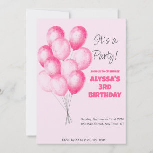 Convite de aniversário de balões rosa para raparig
