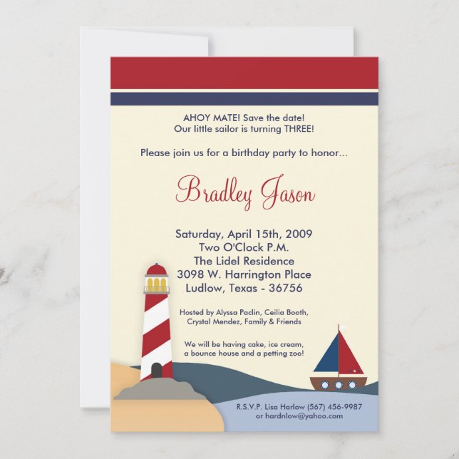 Convite de Aniversário de Barco à Vela Ahoy Mate 5 (Frente)