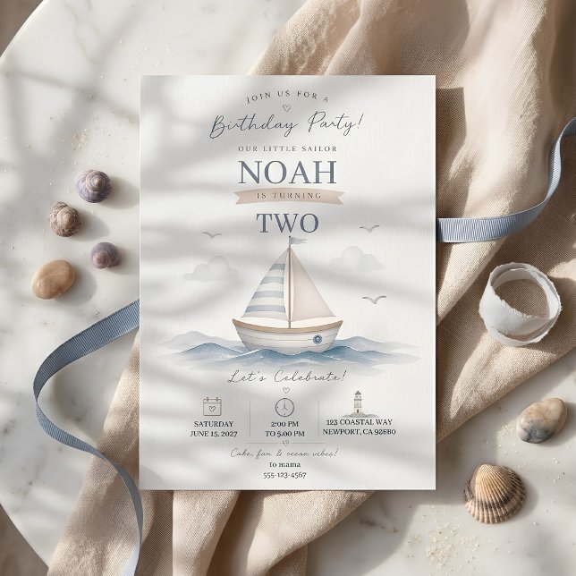 Convite de Aniversário de Barco à Vela Azul Costei (Criador carregado)