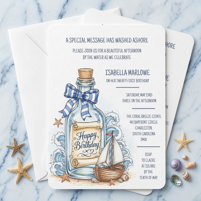 Convite de Aniversário de Barco à Vela com Mensage (Your coastal party starts here.)