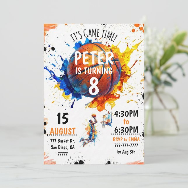 Convite de Aniversário de Basquete Aquarela (Em pé/Frente)