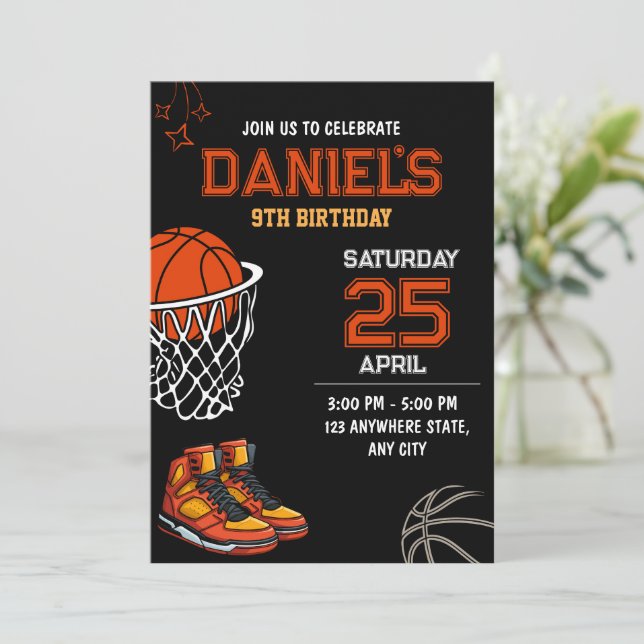 Convite de Aniversário de Basquete Editável Basque (Em pé/Frente)