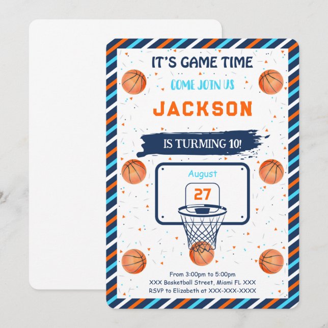 Convite de Aniversário de Basquete Laranja (Frente/Verso)