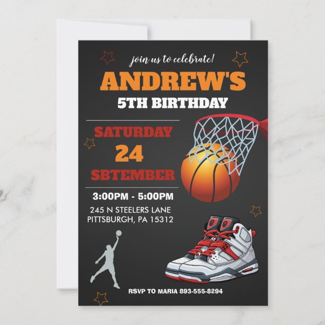 Convite de Aniversário de Basquete Laranja Preto (Frente)
