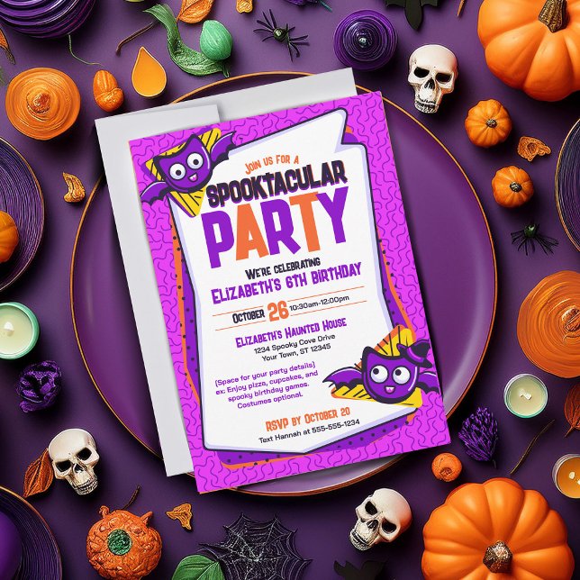 Convite de Aniversário de Bats Spooktacular (Spooky invite perfect for Halloween parties or birthdays. Purple invite featuring bat characters)
