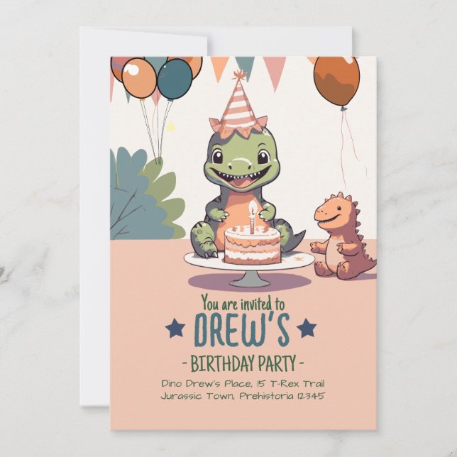 Convite de Aniversário de Bebê Dino Fofo para Cria (Frente)