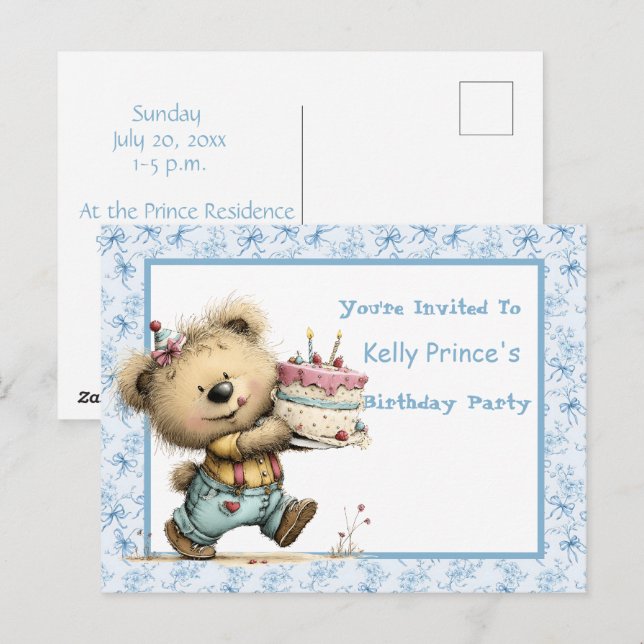 Convite de Aniversário de Bebê Menino Urso de Pelú (Frente/Verso)