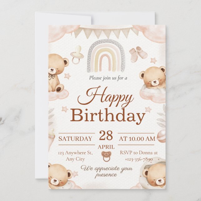 Convite de aniversário de bebê ursinho  (Frente)