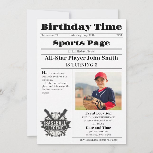Convite de Aniversário de Beisebol Pessoal Com Fot (Frente)