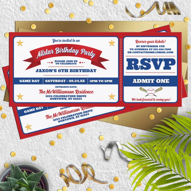 Convite de Aniversário de Bilhete de Baseball Estr (Criador carregado)