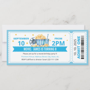 convite de aniversário de bilhete de cinema azul