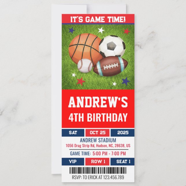 Convite de Aniversário de Bilhete de Esportes Todo (Frente)