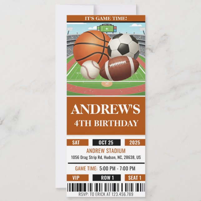 Convite de Aniversário de Bilhete de Esportes Todo (Frente)