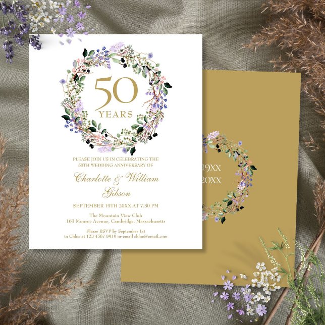 Convite de Aniversário de Bodas de Ouro com Flores (Budget Floral 50th Wedding Anniversary Invitation)