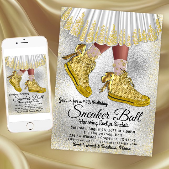 Convite de aniversário de Bola Menina (Girl Gold Sneaker Ball Birthday Party Invitation. Instant download and printed invitations available)