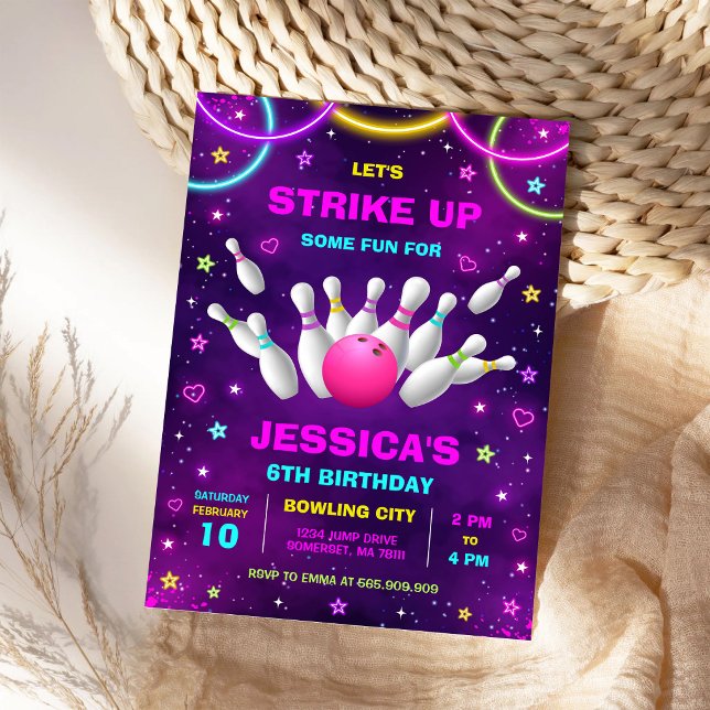 Convite de Aniversário de Boliche Festa Neon Glow (Criador carregado)