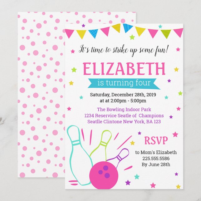 Convite de aniversário de Boliche para menina (Frente/Verso)