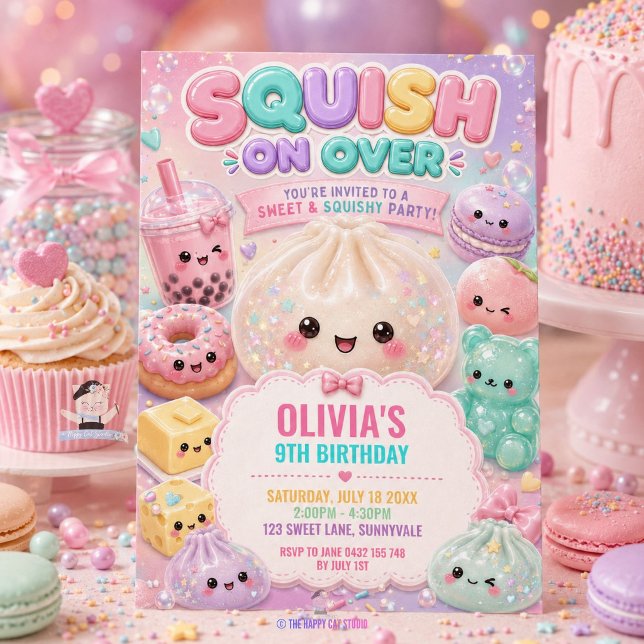 Convite de Aniversário de Bolinho de Massa Brilhan (Cute Glitter Dumpling Bao Squishy Party Birthday Invitation )