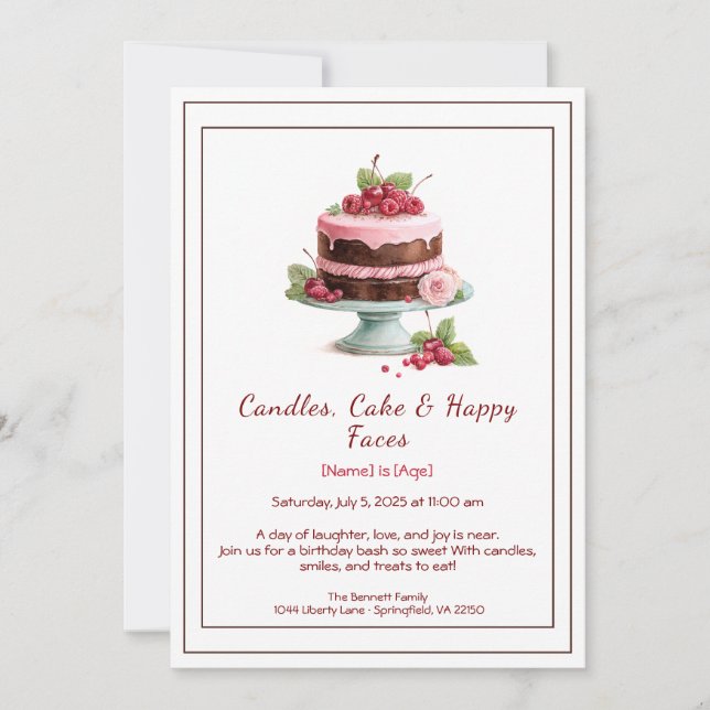 Convite de Aniversário de Bolo de Aquarela – choco (Frente)