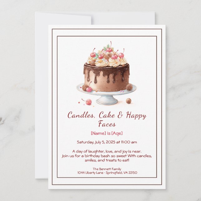 Convite de Aniversário de Bolo de Chocolate – Aqua (Frente)
