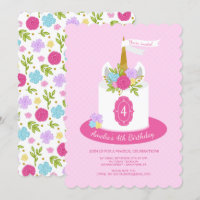 Convite de aniversário de Bolo Floral Unicorn