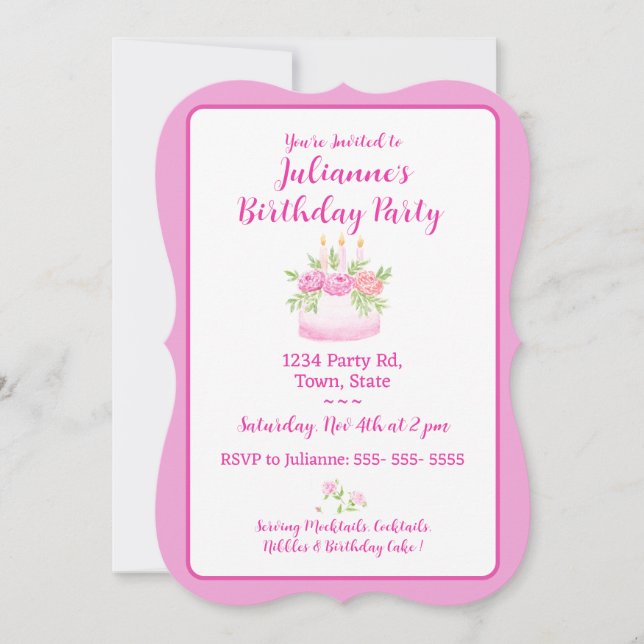 Convite de Aniversário de Bolo Rosa Bonito (Frente)