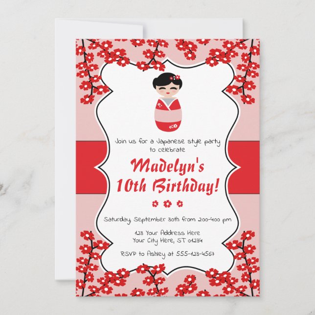 Convite de Aniversário de Boneca Kokeshi | Estilo  (Frente)