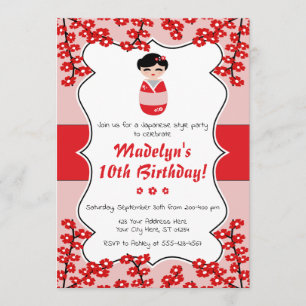 Convite de Aniversário de Boneca Kokeshi   Estilo 