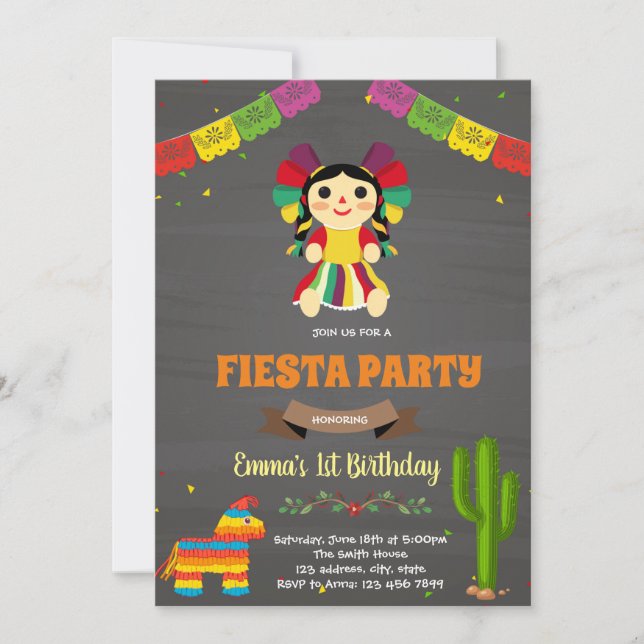 Convite de aniversário de boneca mexicana (Frente)