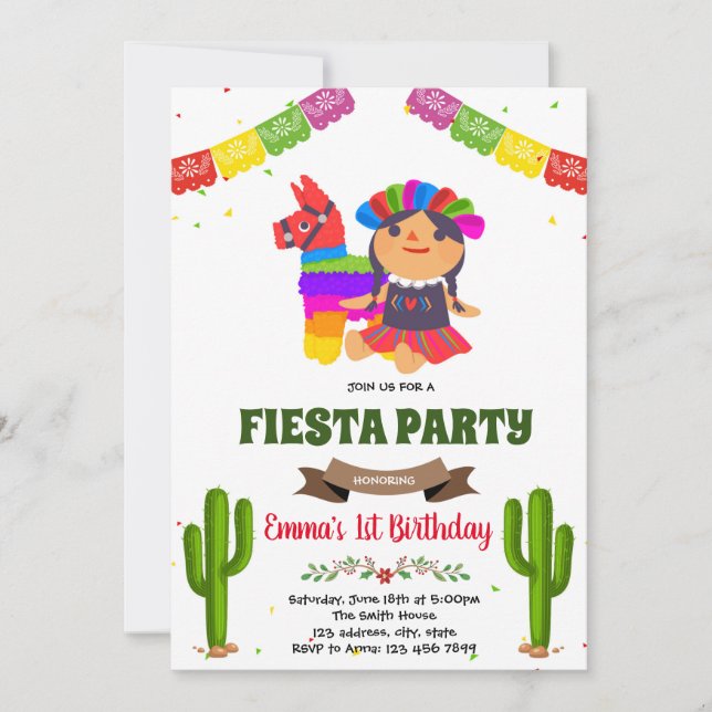 Convite de aniversário de boneca mexicana (Frente)